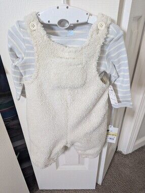 cloud island Cream Sherpa Overalls with Light Blue Stripe Bodysuit